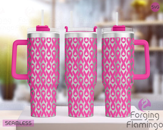Mockup image of the Breast Cancer Ribbon Tumbler Wrap SVG by Forging Flamingo, displayed on three tumblers featuring pink ribbons, hearts, stars, and inspirational phrases. Digital design shown for 20oz, 30oz, and 40oz tumblers.
