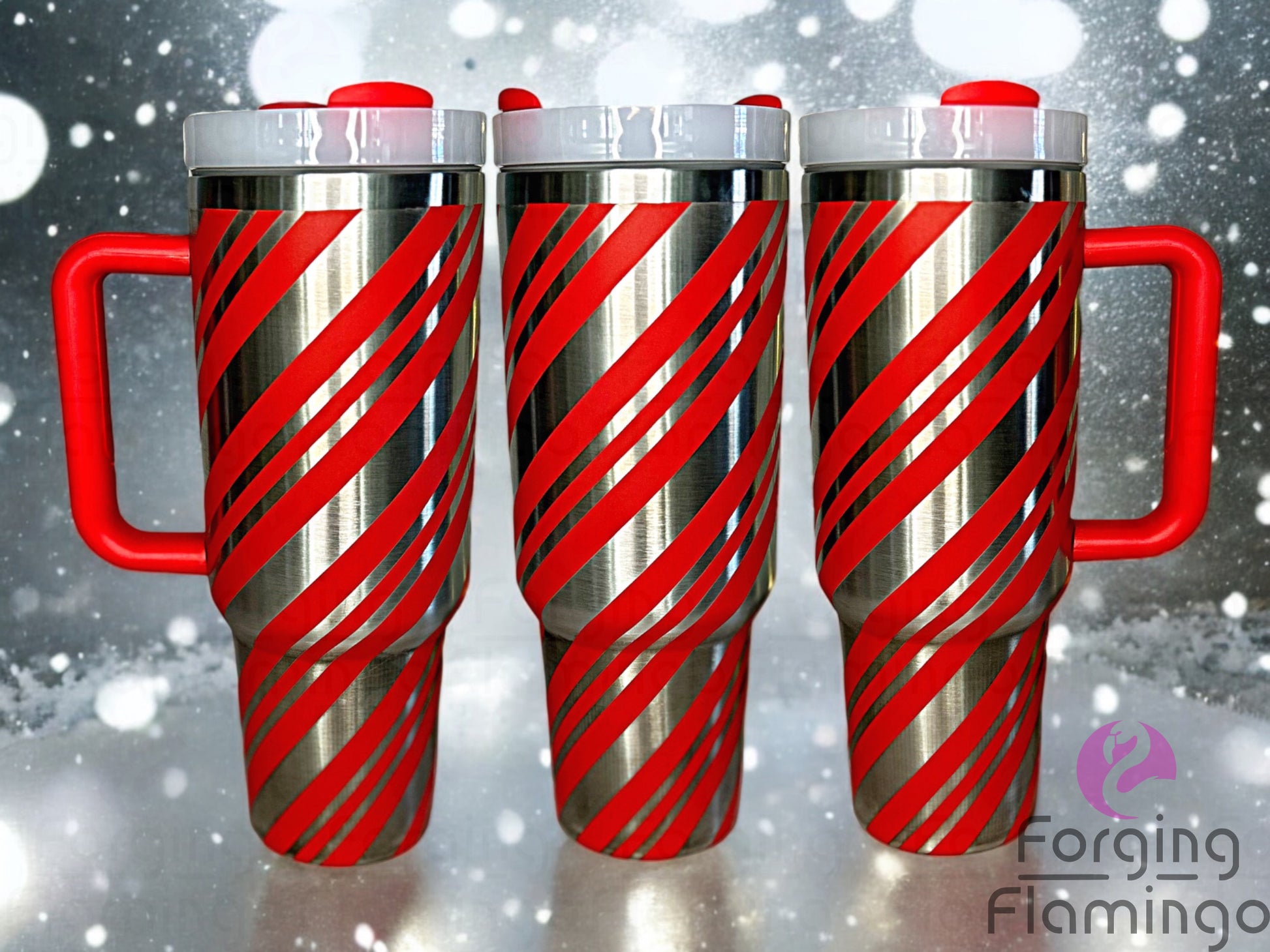 Composite image of a single tumbler engraved with Forging Flamingo's Candy Cane design, shown from multiple angles to highlight classic diagonal striping in a seamless Christmas-themed wrap. Created using the digital file for 20oz/30oz/40oz tumblers.
