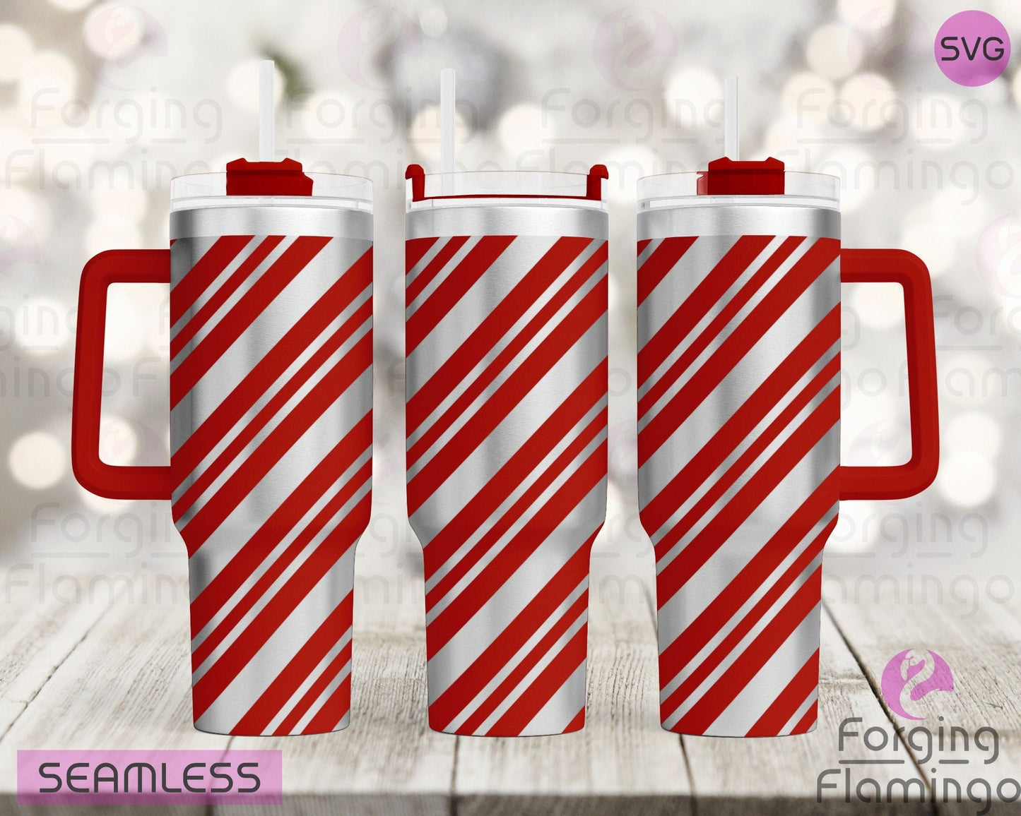 Mockup image of the Candy Cane Tumbler Wrap SVG by Forging Flamingo, displayed on three tumblers featuring diagonal candy cane stripes in a festive seamless pattern. Digital design shown for 20oz, 30oz, and 40oz tumblers.