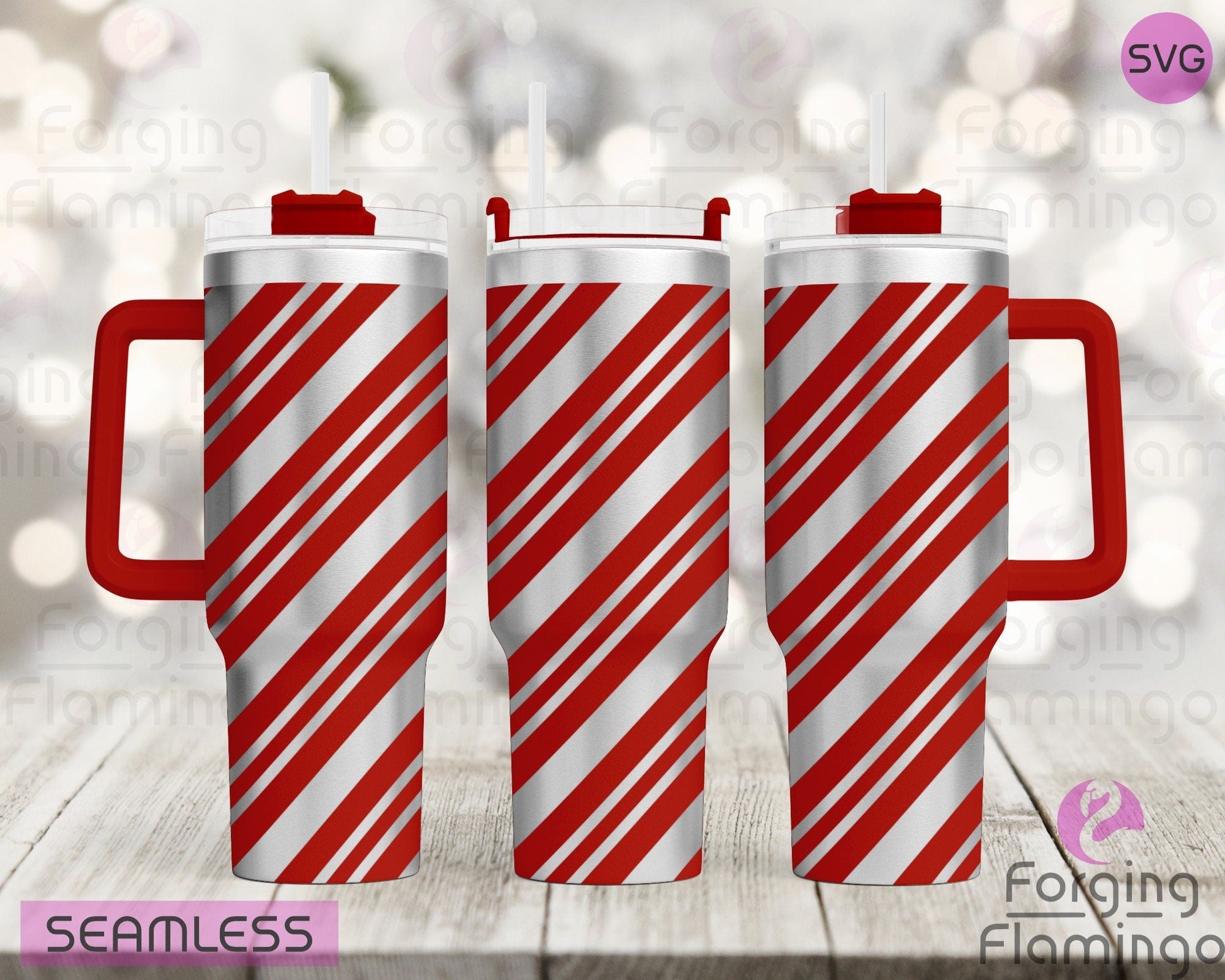 Mockup image of the Candy Cane Tumbler Wrap SVG by Forging Flamingo, displayed on three tumblers featuring diagonal candy cane stripes in a festive seamless pattern. Digital design shown for 20oz, 30oz, and 40oz tumblers.