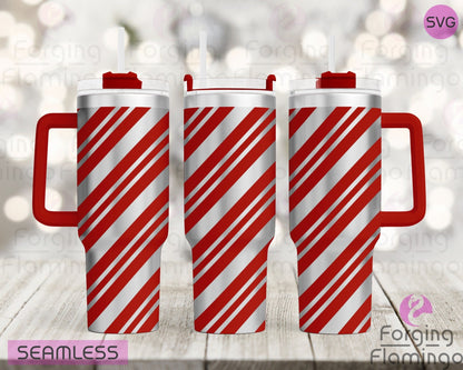 Mockup image of the Candy Cane Tumbler Wrap SVG by Forging Flamingo, displayed on three tumblers featuring diagonal candy cane stripes in a festive seamless pattern. Digital design shown for 20oz, 30oz, and 40oz tumblers.