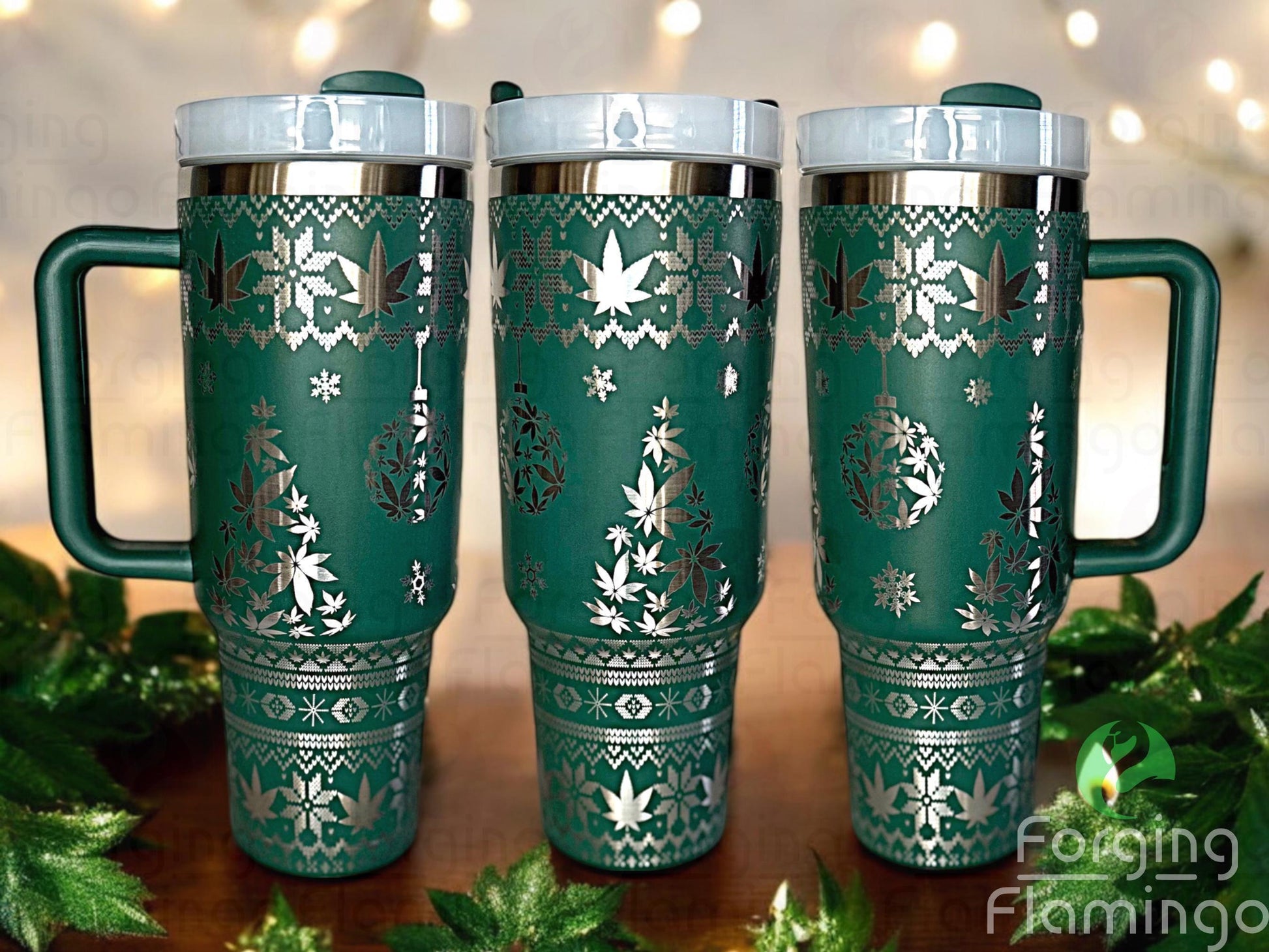 Composite image of a single tumbler engraved with Forging Flamingo's Cannabis Christmas Sweater design, shown from multiple angles to highlight engraved weed leaves and snowflakes in a holiday sweater-style seamless wrap. Created using the digital file for 20oz/30oz/40oz tumblers.