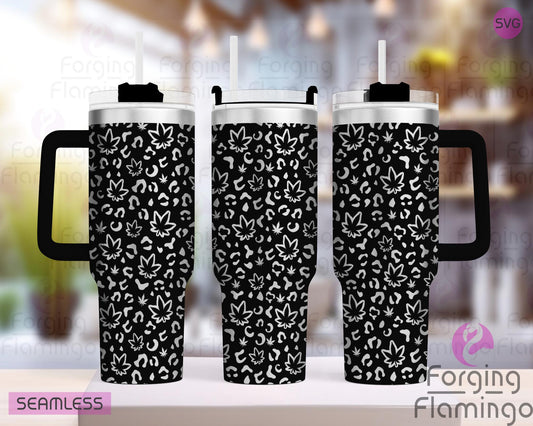 Mockup image of the Cannabis/Weed/Pot Leopard Tumbler Wrap SVG by Forging Flamingo, displayed on three tumblers featuring a bold fusion of cannabis leaves and leopard spots in a seamless edgy wrap. Digital design shown for 20oz, 30oz, and 40oz tumblers.