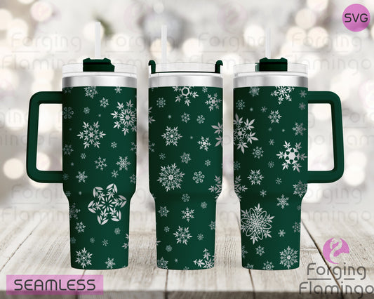 Mockup image of the Cannabis Snowflakes Tumbler Wrap SVG by Forging Flamingo, displayed on three tumblers featuring snowflake designs subtly formed from cannabis leaves. Digital design shown for 20oz, 30oz, and 40oz tumblers.