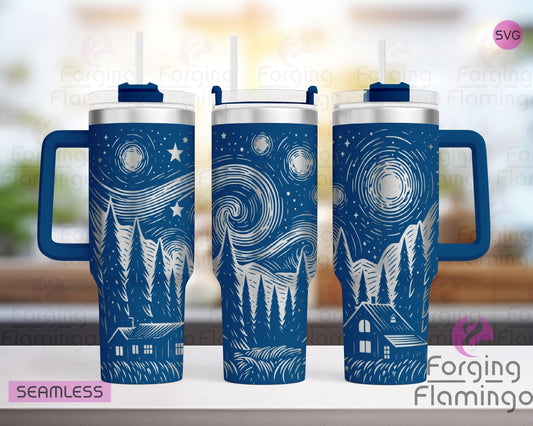 Mockup image of the Celestial Evening Tumbler Wrap SVG by Forging Flamingo, displayed on three tumblers featuring crescent moons, stars, and constellation-style detailing in a seamless night sky wrap. Digital design shown for 20oz, 30oz, and 40oz tumblers.