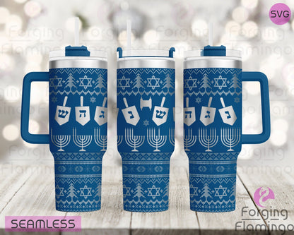 Mockup image of the Chanukah Sweater Tumbler Wrap SVG by Forging Flamingo, displayed on three tumblers with a festive design featuring menorahs, dreidels, Stars of David, and geometric sweater patterns. Digital design shown for 20oz, 30oz, and 40oz tumblers.