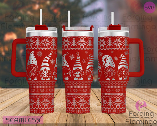 Mockup image of the Christmas Gnomes Tumbler Wrap SVG by Forging Flamingo, displayed on three tumblers featuring festive gnomes with Santa hats, holiday lights, and snowflake accents in a cheerful seamless wrap. Digital design shown for 20oz, 30oz, and 40oz tumblers.