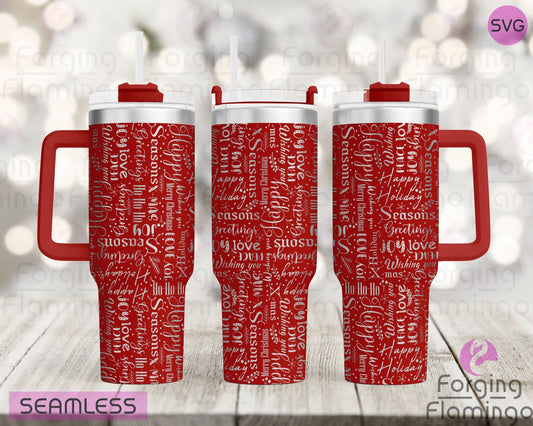 Mockup image of the Christmas Sayings Tumbler Wrap SVG by Forging Flamingo, displayed on three tumblers featuring festive holiday phrases, playful typography, and winter-themed icons. Digital design shown for 20oz, 30oz, and 40oz tumblers.