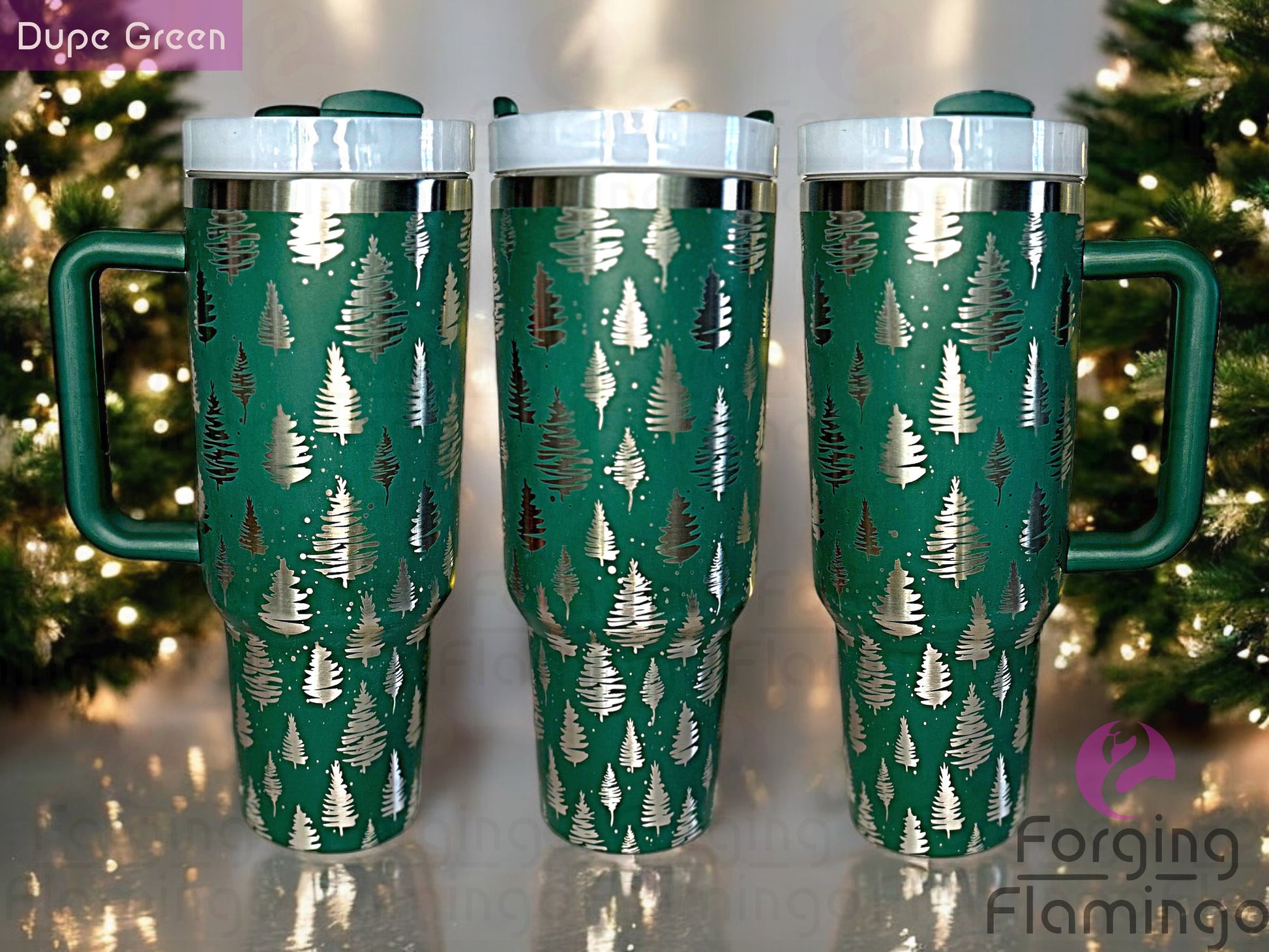 Composite image of a single tumbler engraved with Forging Flamingo's Christmas Trees design, shown from multiple angles to highlight engraved tree silhouettes and festive winter shapes in a seamless holiday wrap. Created using the digital file for 20oz/30oz/40oz tumblers.