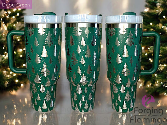 Composite image of a single tumbler engraved with Forging Flamingo's Christmas Trees design, shown from multiple angles to highlight engraved tree silhouettes and festive winter shapes in a seamless holiday wrap. Created using the digital file for 20oz/30oz/40oz tumblers.