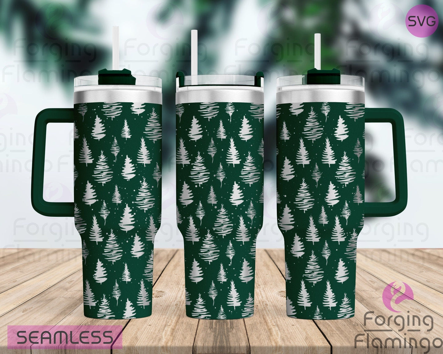 Mockup image of the Christmas Trees Tumbler Wrap SVG by Forging Flamingo, displayed on three tumblers featuring stylized evergreen tree patterns and holiday-themed shapes in a seamless winter wrap. Digital design shown for 20oz, 30oz, and 40oz tumblers.