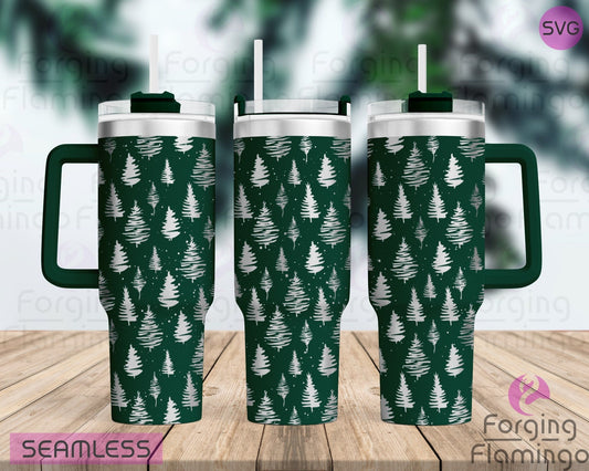 Mockup image of the Christmas Trees Tumbler Wrap SVG by Forging Flamingo, displayed on three tumblers featuring stylized evergreen tree patterns and holiday-themed shapes in a seamless winter wrap. Digital design shown for 20oz, 30oz, and 40oz tumblers.