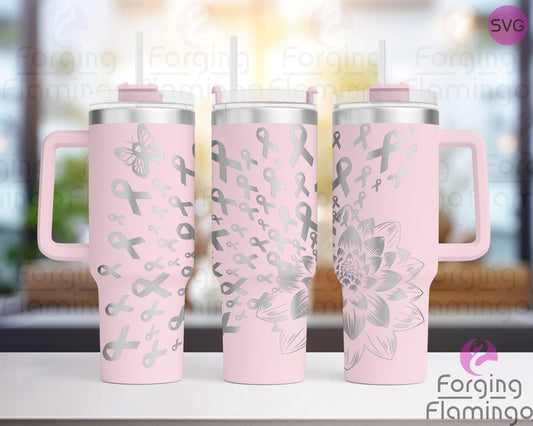 Mockup image of the Dahlia Breast Cancer Ribbon Bundle Tumbler Wrap SVG by Forging Flamingo, featuring filled-in ribbon shapes, butterflies, and floral accents in a supportive awareness-themed seamless wrap. Digital design shown for 20oz, 30oz, and 40oz tumblers.
