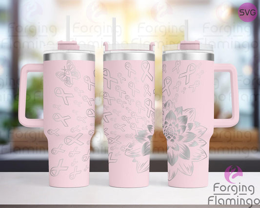 Mockup image of the Dahlia Breast Cancer Ribbon Bundle Tumbler Wrap SVG by Forging Flamingo, featuring outlined ribbon shapes with lotus flowers and soft, elegant engraving lines in a seamless awareness wrap. Digital design shown for 20oz, 30oz, and 40oz tumblers.