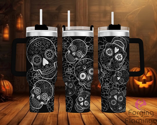 Mockup image of the Dia De Los Muertos Tumbler Wrap SVG by Forging Flamingo, displayed on three tumblers featuring sugar skulls, marigolds, and festive Day of the Dead accents in a seamless celebratory wrap. Digital design shown for 20oz, 30oz, and 40oz tumblers.