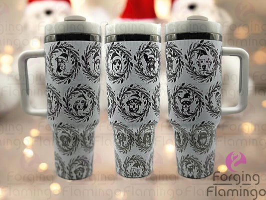 Composite image of a single tumbler engraved with Forging Flamingo's Dogs with Santa Hats design, shown from multiple angles to highlight cute dog faces in festive hats arranged in a seamless Christmas wrap. Created using the digital file for 20oz/30oz/40oz tumblers.