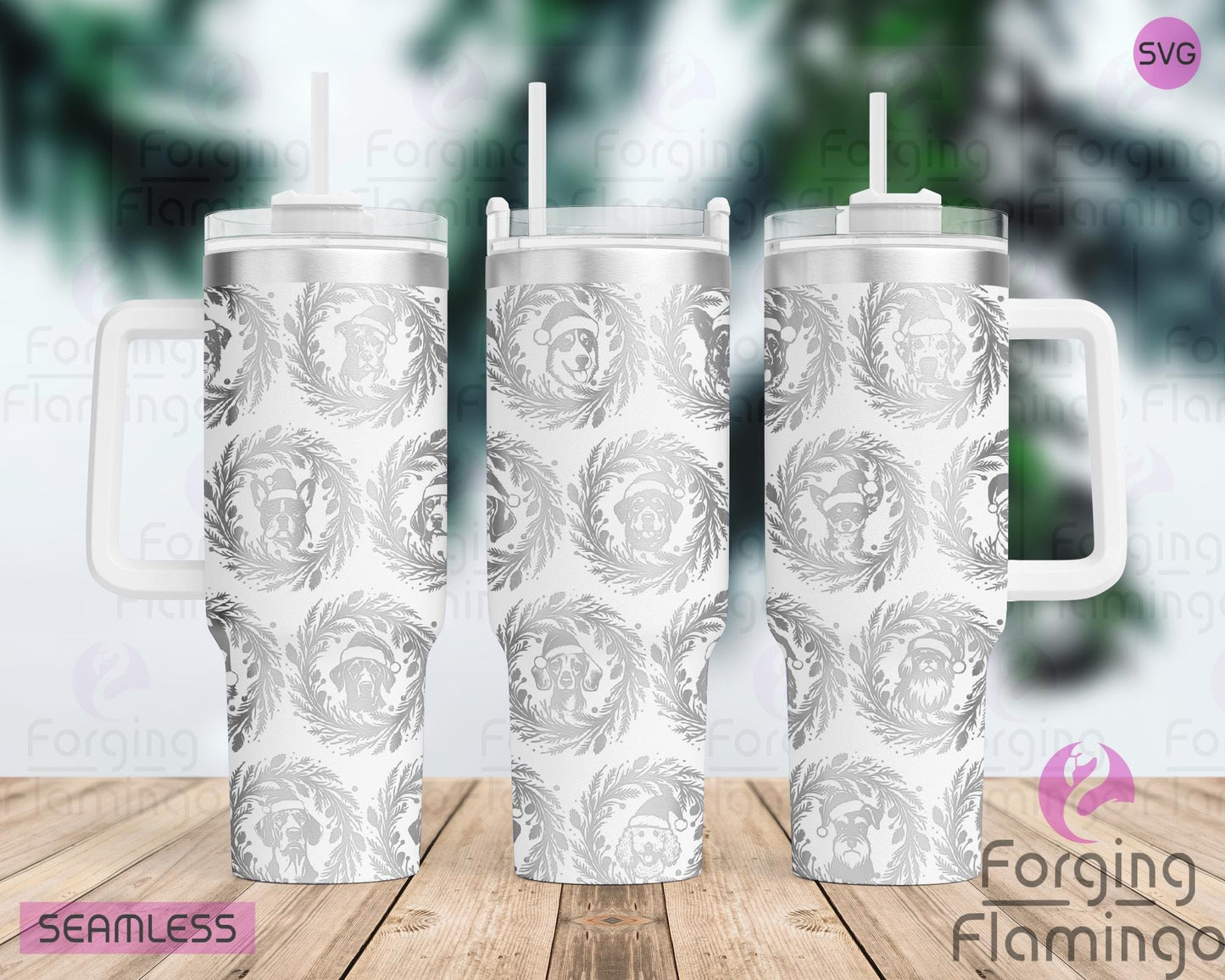 Mockup image of the Dogs with Santa Hats Tumbler Wrap SVG by Forging Flamingo, displayed on three tumblers featuring a variety of adorable dog faces wearing Santa hats in a seamless holiday wrap. Digital design shown for 20oz, 30oz, and 40oz tumblers.