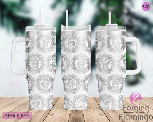 Mockup image of the Dogs with Santa Hats Tumbler Wrap SVG by Forging Flamingo, displayed on three tumblers featuring a variety of adorable dog faces wearing Santa hats in a seamless holiday wrap. Digital design shown for 20oz, 30oz, and 40oz tumblers.