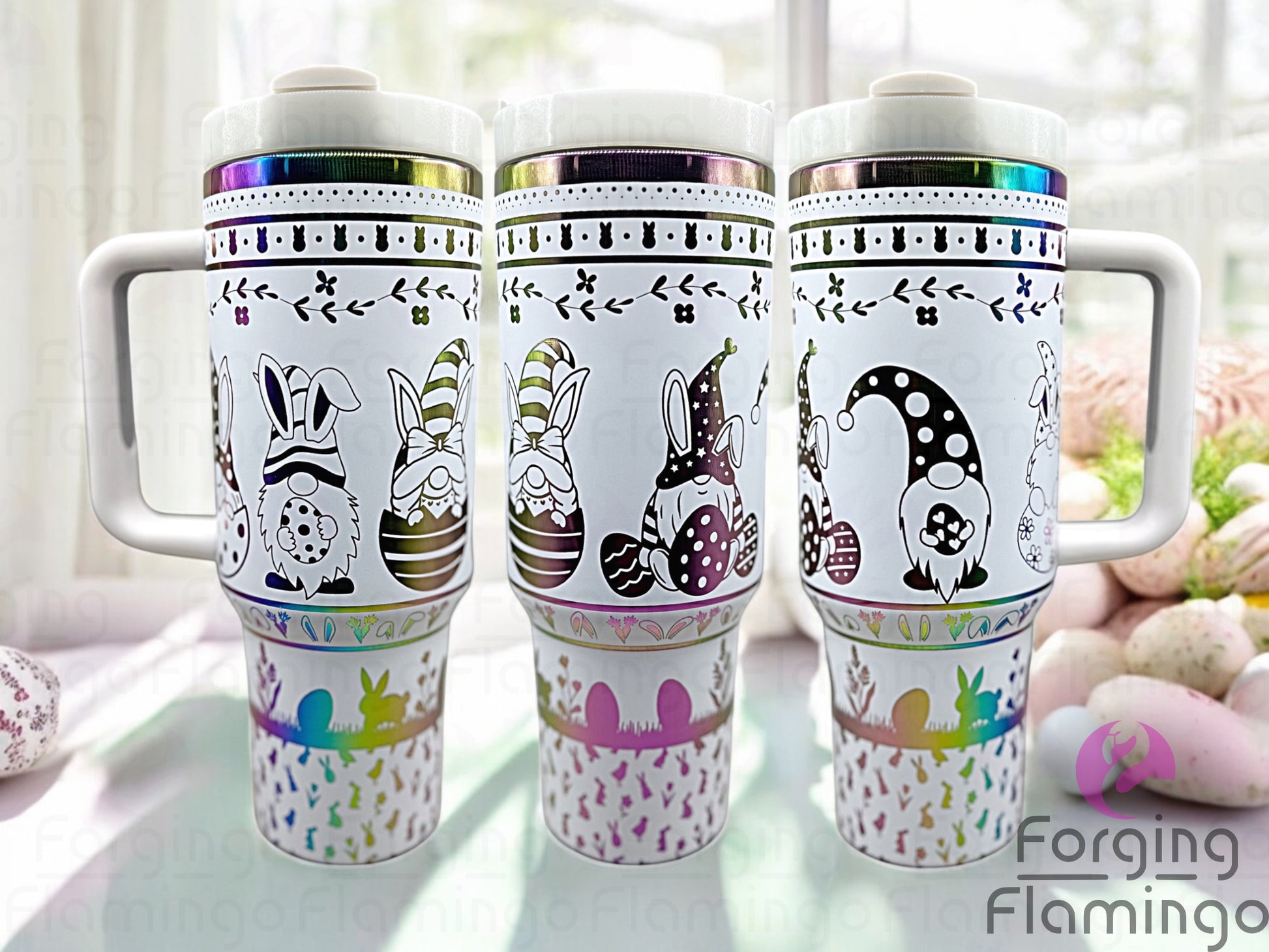 Composite image of a single tumbler engraved with Forging Flamingo's Easter Gnomes design, shown from multiple angles to highlight whimsical gnomes, bunny ears, eggs, and spring-themed details in a seamless wrap. Created using the digital file for 20oz/30oz/40oz tumblers.