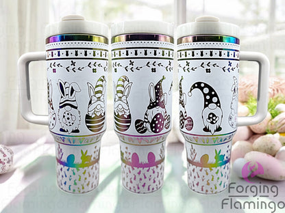 Composite image of a single tumbler engraved with Forging Flamingo's Easter Gnomes design, shown from multiple angles to highlight whimsical gnomes, bunny ears, eggs, and spring-themed details in a seamless wrap. Created using the digital file for 20oz/30oz/40oz tumblers.