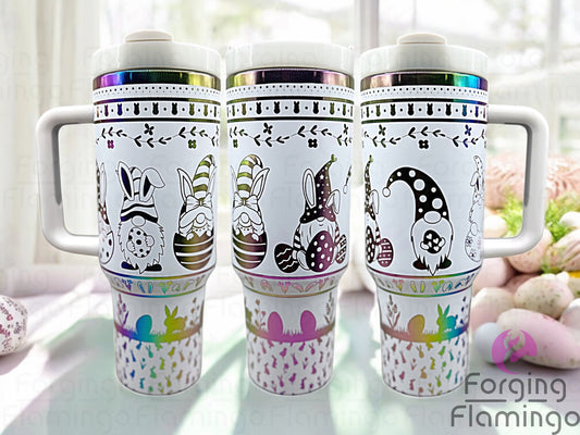 Composite image of a single tumbler engraved with Forging Flamingo's Easter Gnomes design, shown from multiple angles to highlight whimsical gnomes, bunny ears, eggs, and spring-themed details in a seamless wrap. Created using the digital file for 20oz/30oz/40oz tumblers.