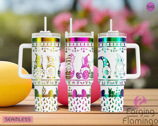 Mockup image of the Easter Gnomes Tumbler Wrap SVG by Forging Flamingo, displayed on three white tumblers featuring festive gnome characters, bunny ears, Easter eggs, and floral accents. Digital design shown for 20oz, 30oz, and 40oz tumblers.