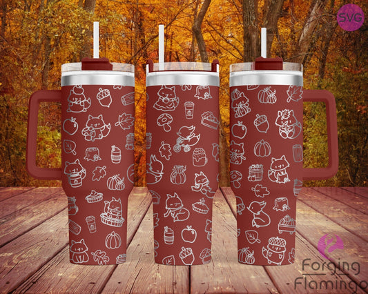 Mockup image of the Fall Foxes Tumbler Wrap SVG by Forging Flamingo, displayed on three tumblers featuring pumpkins, leaves, mushrooms, apples, and playful foxes. Digital design shown for 20oz, 30oz, and 40oz tumblers.