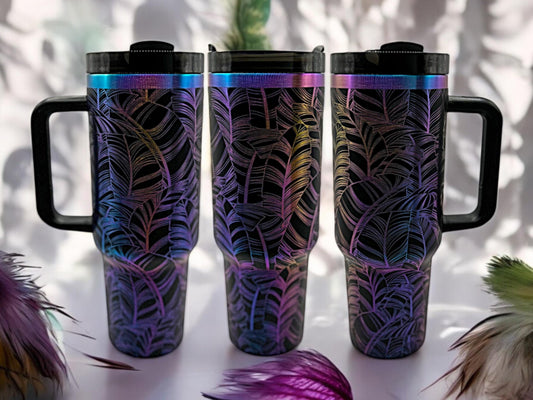 Composite image of a single tumbler engraved with Forging Flamingo's Feathers design, shown from multiple angles to highlight soft feather shapes and flowing linework in a seamless nature-inspired wrap. Created using the digital file for 20oz/30oz/40oz tumblers.
