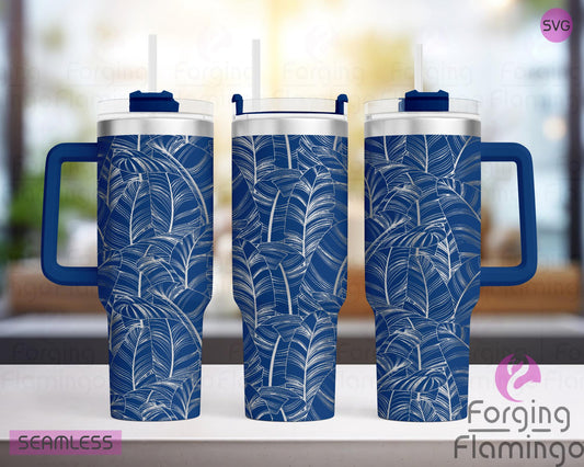 Mockup image of the Feathers Tumbler Wrap SVG by Forging Flamingo, displayed on three tumblers featuring delicate feather illustrations in varying sizes and orientations, arranged in a seamless wrap. Digital design shown for 20oz, 30oz, and 40oz tumblers.