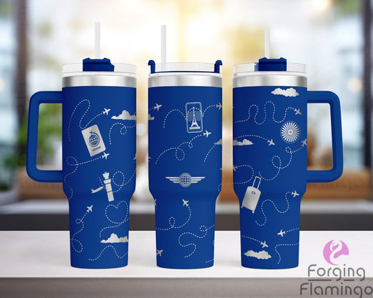 Mockup image of the Flight Attendant Tumbler Wrap SVG by Forging Flamingo, displayed on three tumblers featuring aviation-themed icons such as airplanes, passports, wings, and flight paths. Digital design shown for 20oz, 30oz, and 40oz tumblers.