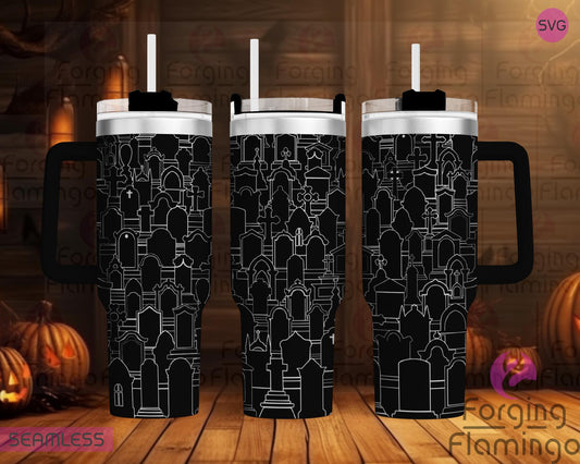 Mockup image of the Graveyard Tumbler Wrap SVG by Forging Flamingo, displayed on three tumblers featuring haunted graveyard scenes with tombstones, spooky trees, bats, and eerie silhouettes in a seamless Halloween wrap. Digital design shown for 20oz, 30oz, and 40oz tumblers.