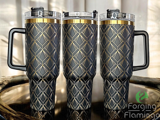 Composite image of a single tumbler engraved with Forging Flamingo's Great Gatsby "Edison" Art Deco design, shown from multiple angles to highlight sweeping lines, deco arches, and symmetrical detail in a seamless 1920s-inspired wrap. Created using the digital file for 20oz/30oz/40oz tumblers.