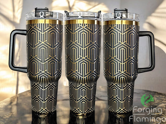 Composite image of a single tumbler engraved with Forging Flamingo's Great Gatsby "Fitzgerald" Art Deco design, shown from multiple angles to highlight refined 1920s-inspired fans, linework, and Gatsby-era elegance in a seamless wrap. Created using the digital file for 20oz/30oz/40oz tumblers.
