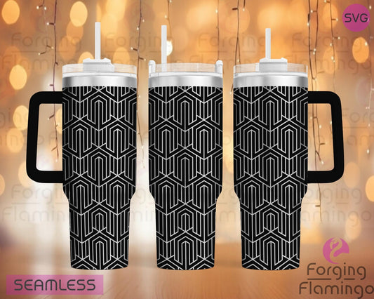 Mockup image of the Great Gatsby "Fitzgerald" Art Deco Tumbler Wrap SVG by Forging Flamingo, displayed on three tumblers featuring elegant art deco motifs, fan patterns, and geometric lines inspired by 1920s glamor. Digital design shown for 20oz, 30oz, and 40oz tumblers.