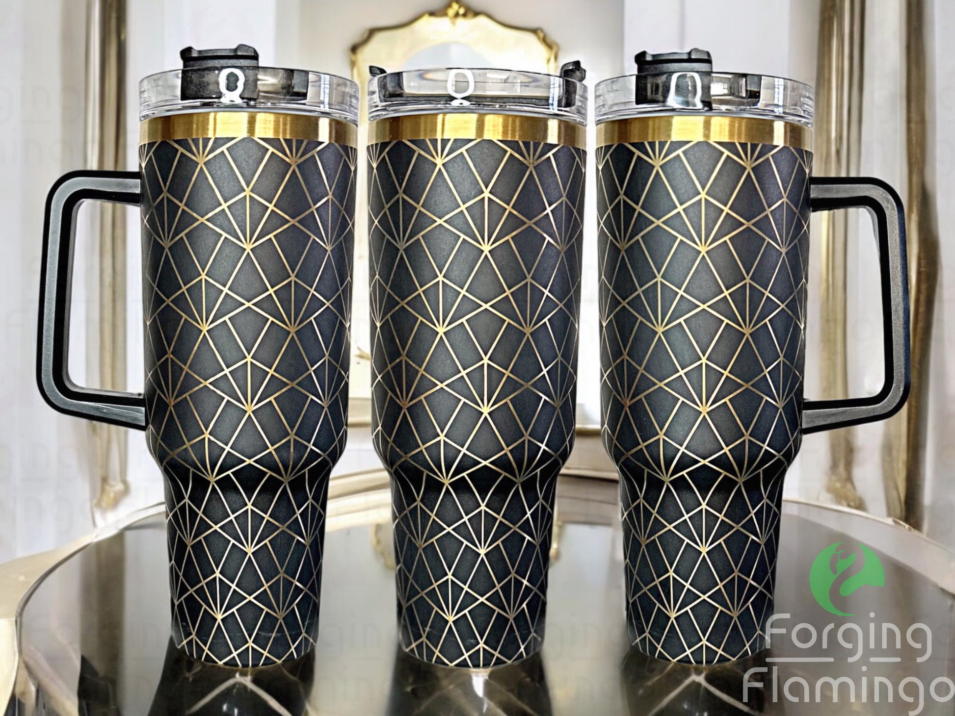 Composite image of a single tumbler engraved with Forging Flamingo's Great Gatsby "Hemingway" Art Deco design, shown from multiple angles to highlight refined geometric motifs and symmetrical deco flourishes in a seamless 1920s-inspired wrap. Created using the digital file for 20oz/30oz/40oz tumblers.
