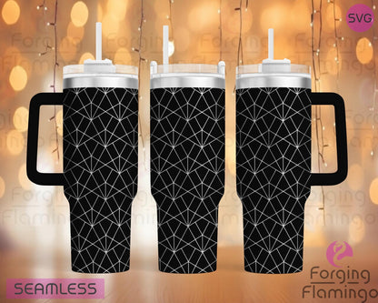 Mockup image of the Great Gatsby "Hemingway" Art Deco Tumbler Wrap SVG by Forging Flamingo, displayed on three tumblers featuring elegant geometric shapes, deco arches, and clean linework inspired by 1920s glamor. Digital design shown for 20oz, 30oz, and 40oz tumblers.