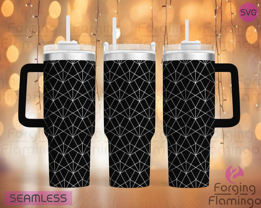 Mockup image of the Great Gatsby "Hemingway" Art Deco Tumbler Wrap SVG by Forging Flamingo, displayed on three tumblers featuring elegant geometric shapes, deco arches, and clean linework inspired by 1920s glamor. Digital design shown for 20oz, 30oz, and 40oz tumblers.