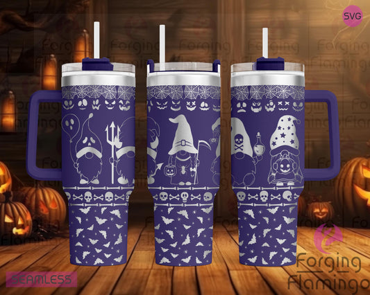 Mockup image of the Halloween Gnomes Tumbler Wrap SVG by Forging Flamingo, displayed on three tumblers featuring whimsical gnomes dressed in witch hats and costumes, surrounded by pumpkins, bats, and stars in a seamless spooky wrap. Digital design shown for 20oz, 30oz, and 40oz tumblers.