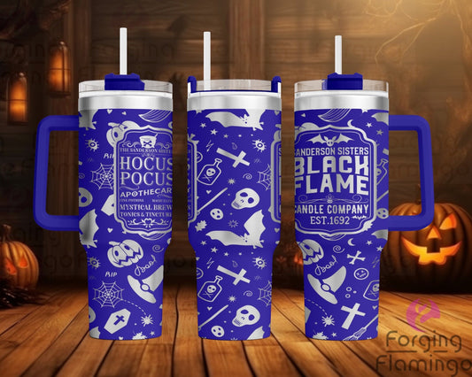 Mockup image of the Halloween Witches Tumbler Wrap SVG by Forging Flamingo, displayed on three tumblers featuring flying witches, broomsticks, bats, and moons in a seamless spooky wrap. Digital design shown for 20oz, 30oz, and 40oz tumblers.