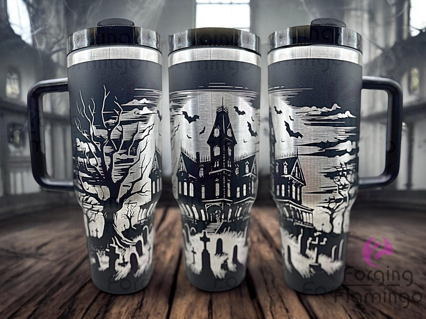 Composite image of a single tumbler engraved with Forging Flamingo's Haunted Mansion design, shown from multiple angles to highlight haunted house silhouettes, creepy branches, bats, and a ghostly ambiance in a seamless Halloween wrap. Created using the digital file for 20oz/30oz/40oz tumblers.