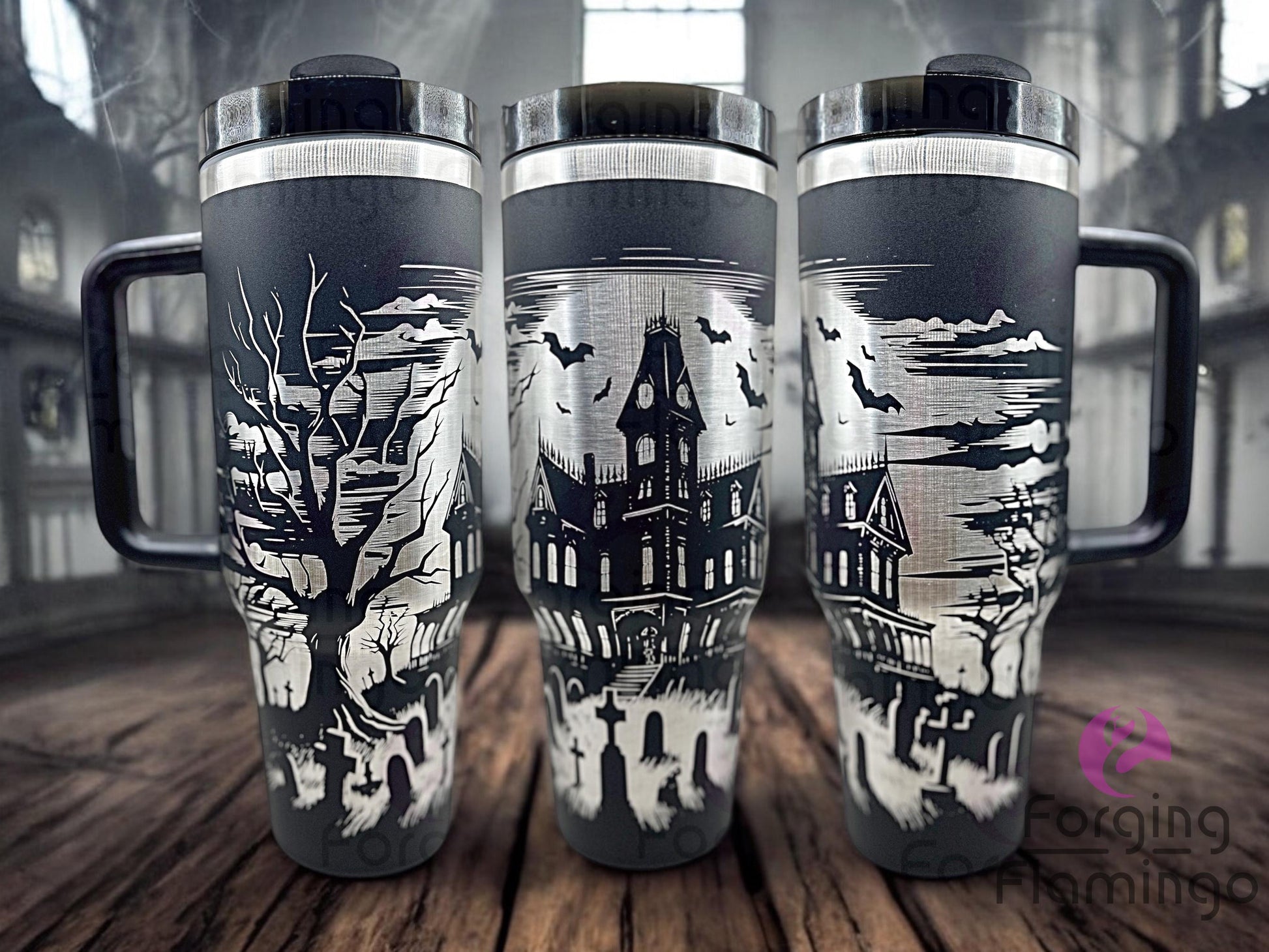 Composite image of a single tumbler engraved with Forging Flamingo's Haunted Mansion design, shown from multiple angles to highlight haunted house silhouettes, creepy branches, bats, and a ghostly ambiance in a seamless Halloween wrap. Created using the digital file for 20oz/30oz/40oz tumblers.