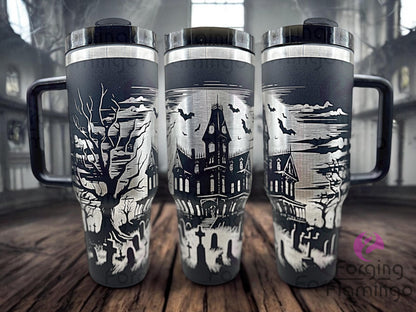 Composite image of a single tumbler engraved with Forging Flamingo's Haunted Mansion design, shown from multiple angles to highlight haunted house silhouettes, creepy branches, bats, and a ghostly ambiance in a seamless Halloween wrap. Created using the digital file for 20oz/30oz/40oz tumblers.