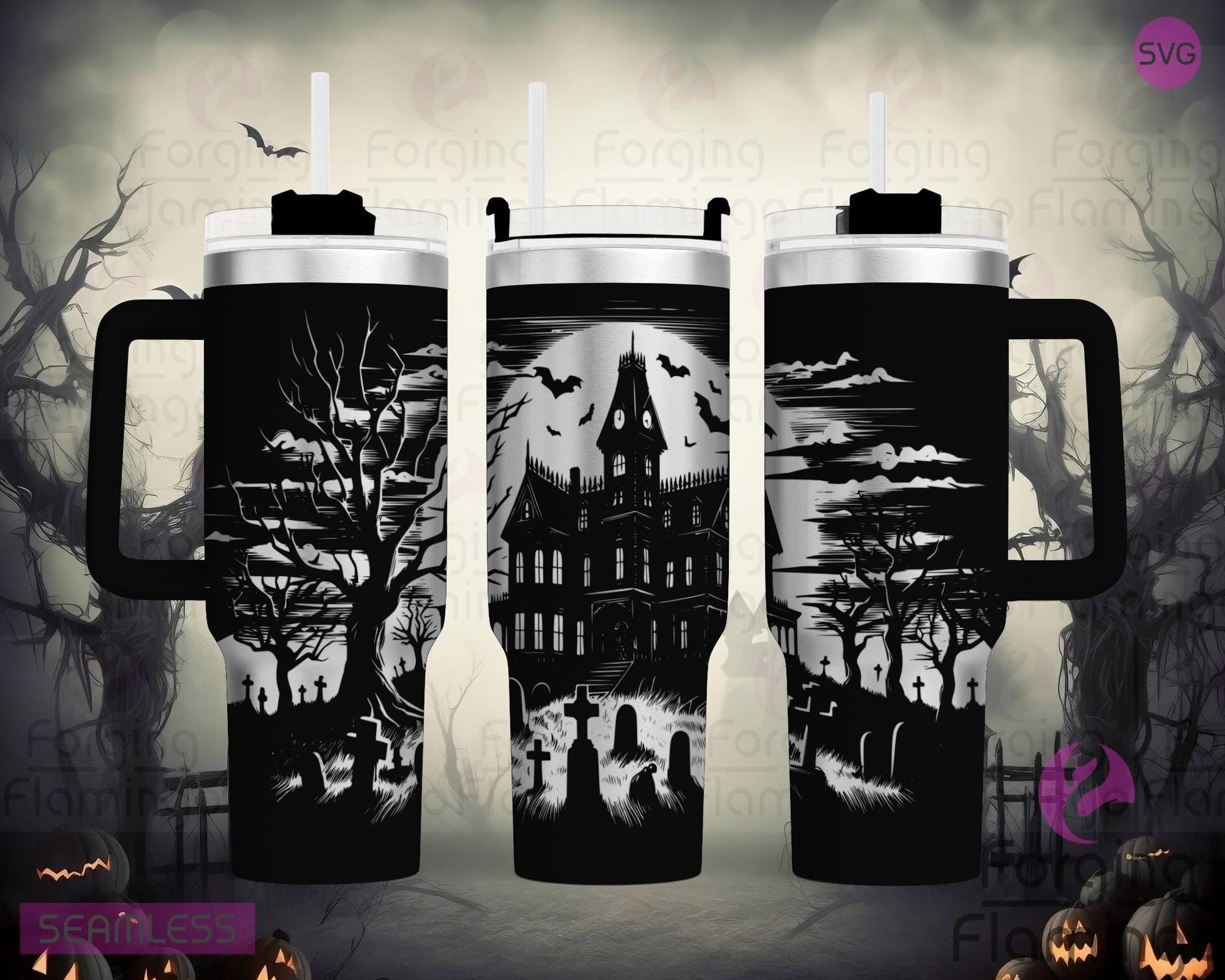 Mockup image of the Haunted Mansion Tumbler Wrap SVG by Forging Flamingo, displayed on three tumblers featuring eerie mansion silhouettes, spooky trees, bats, and moonlit skies in a seamless haunted wrap. Digital design shown for 20oz, 30oz, and 40oz tumblers.