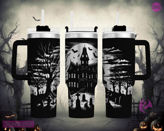 Mockup image of the Haunted Mansion Tumbler Wrap SVG by Forging Flamingo, displayed on three tumblers featuring eerie mansion silhouettes, spooky trees, bats, and moonlit skies in a seamless haunted wrap. Digital design shown for 20oz, 30oz, and 40oz tumblers.