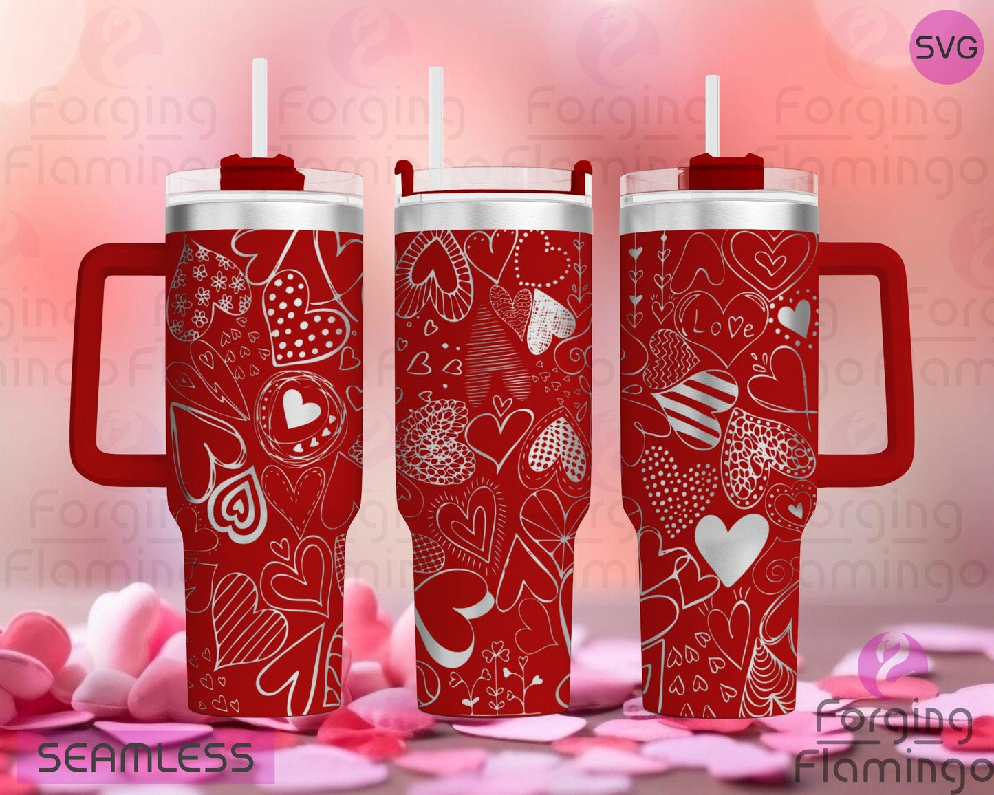 Mockup image of the Heart Doodles Tumbler Wrap SVG by Forging Flamingo, displayed on three tumblers featuring playful hand-drawn hearts and swirls in a scattered, seamless wrap. Digital design shown for 20oz, 30oz, and 40oz tumblers.