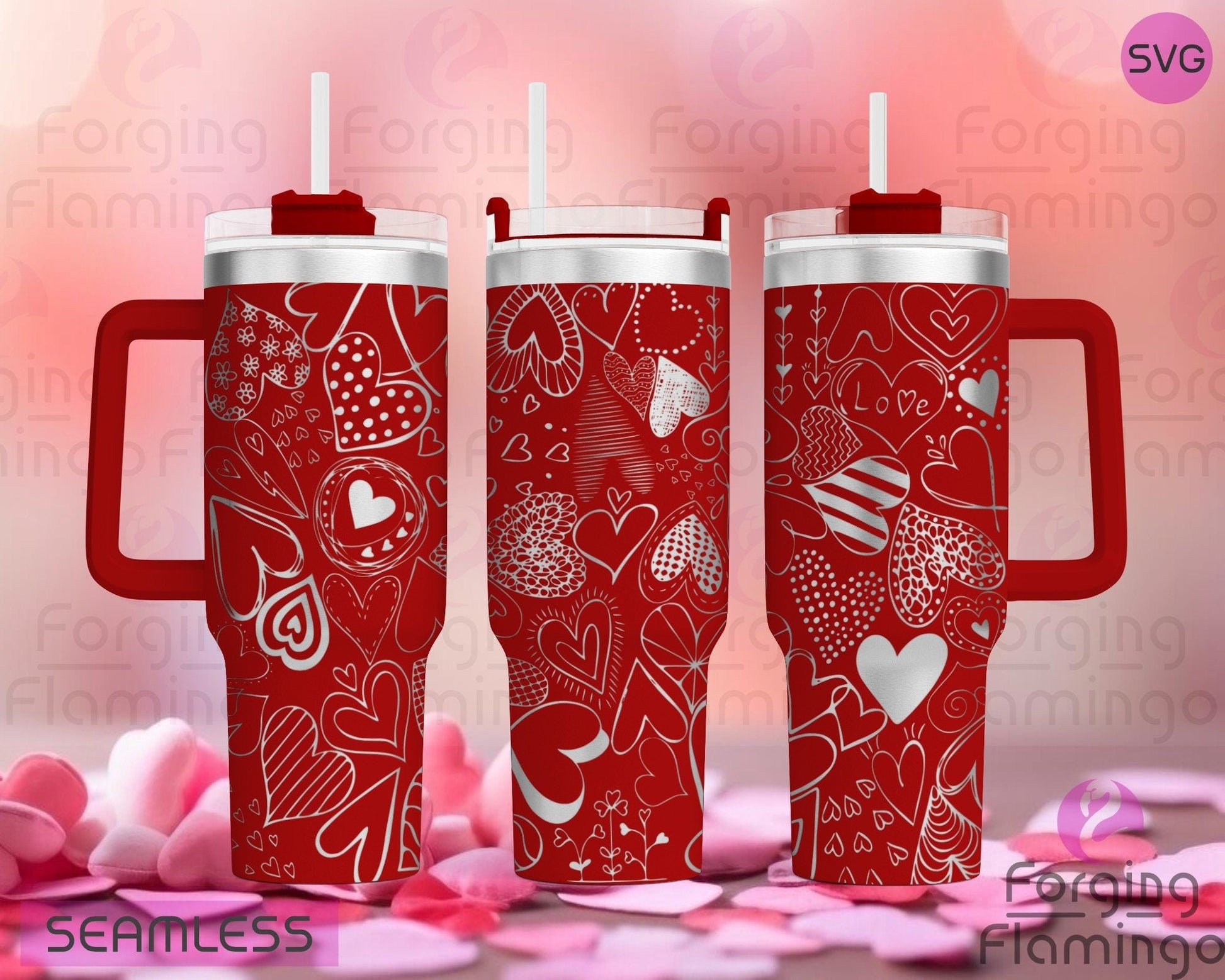 Mockup image of the Heart Doodles Tumbler Wrap SVG by Forging Flamingo, displayed on three tumblers featuring playful hand-drawn hearts and swirls in a scattered, seamless wrap. Digital design shown for 20oz, 30oz, and 40oz tumblers.