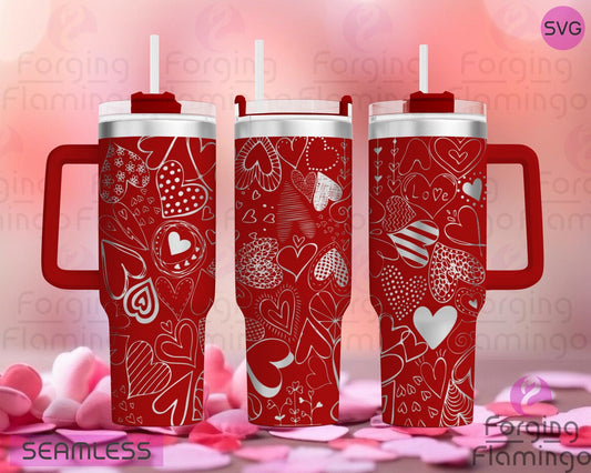 Mockup image of the Heart Doodles Tumbler Wrap SVG by Forging Flamingo, displayed on three tumblers featuring playful hand-drawn hearts and swirls in a scattered, seamless wrap. Digital design shown for 20oz, 30oz, and 40oz tumblers.