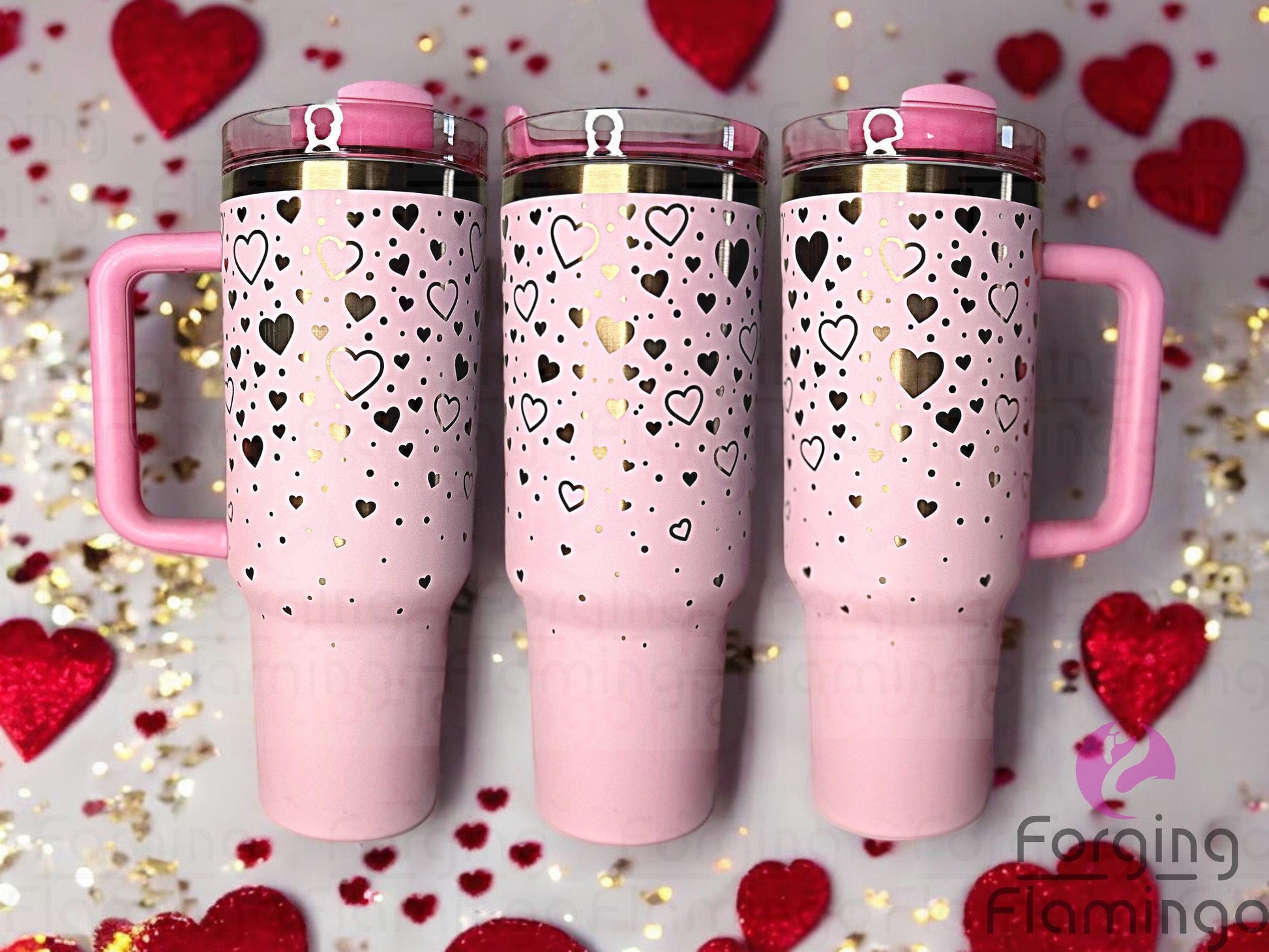 Composite image of a single tumbler engraved with Forging Flamingo's Heart Shower design, shown from multiple angles to highlight cascading hearts falling like rain in a romantic, seamless wrap.