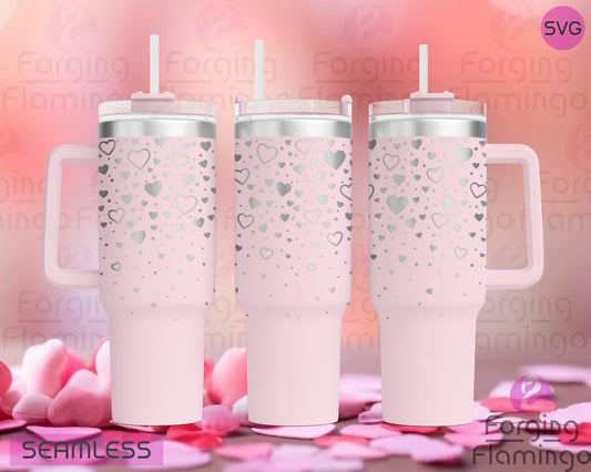 Mockup image of the Heart Shower Tumbler Wrap SVG by Forging Flamingo, displayed on three tumblers featuring cascading heart shapes in various sizes, falling like confetti in a romantic seamless wrap. Digital design shown for 20oz, 30oz, and 40oz tumblers.