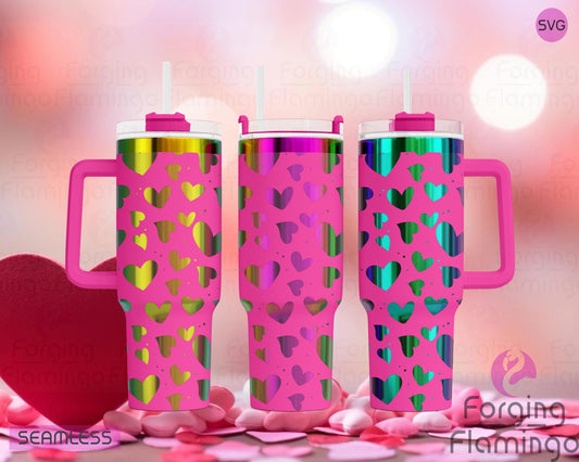 Mockup image of the Hearts Tumbler Wrap SVG by Forging Flamingo, displayed on three red tumblers featuring a variety of whimsical heart shapes, patterns, and love-themed doodles. Digital design shown for 20oz, 30oz, and 40oz tumblers.